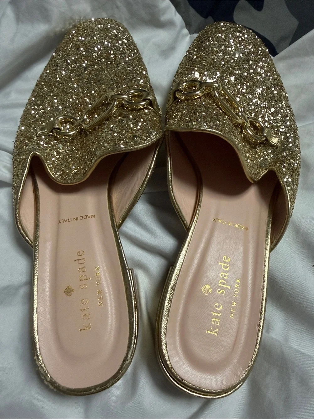 kate spade Gold Glitter Chain-Trim Mules